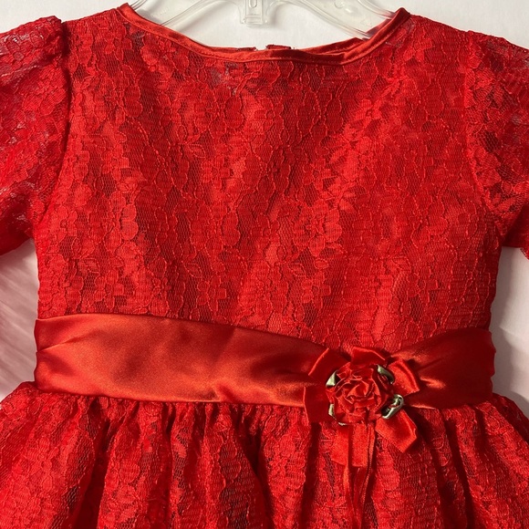 Peachy Kids Girl’s Formal Dress, Size 5, Red Floral Lace, Sash Tie - Picture 2 of 5
